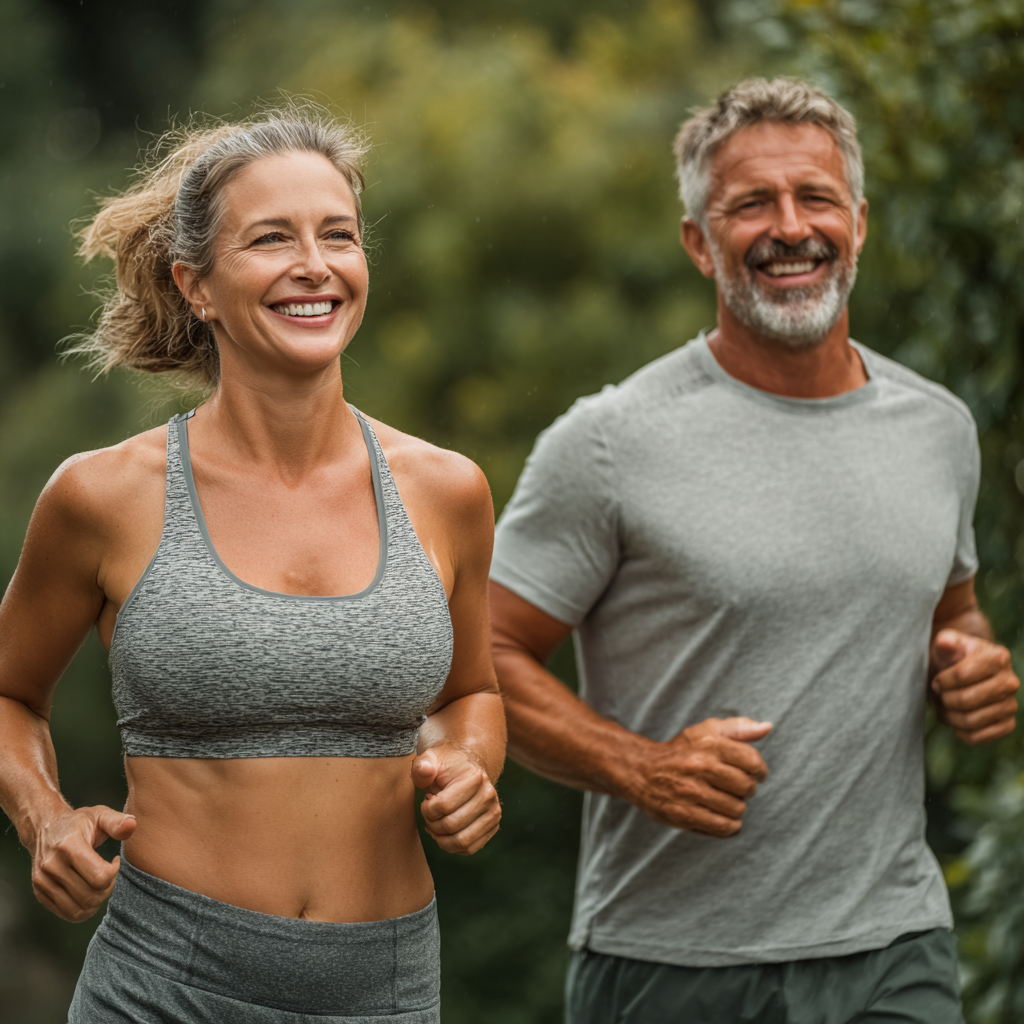 Active mature couple in their 40s exercising together outdoors in a park setting, both smiling and looking energetic while doing light fitness activities, representing healthy lifestyle and vitality