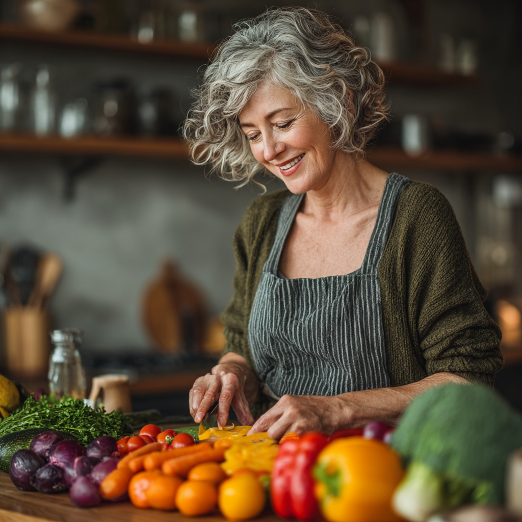 Healthy mature woman in her 50s preparing fresh vegetables and fruits in a modern kitchen, smiling while organizing colorful nutritious ingredients on a clean countertop, representing healthy lifestyle and meal planning